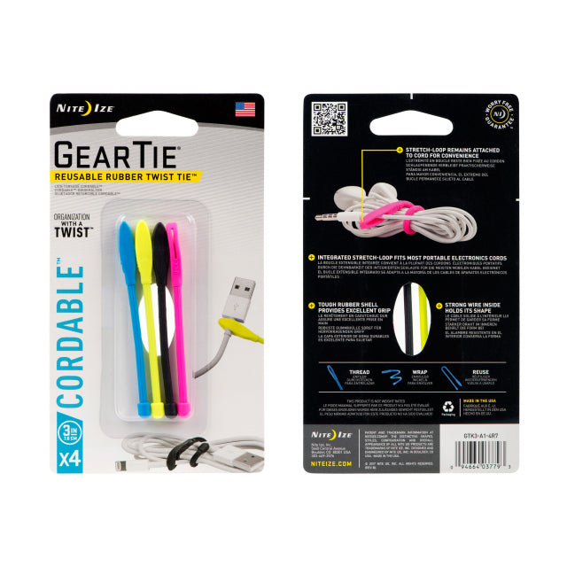 Gear Tie Cordable Twist Tie 3 in. - 4 Pack - Assorted